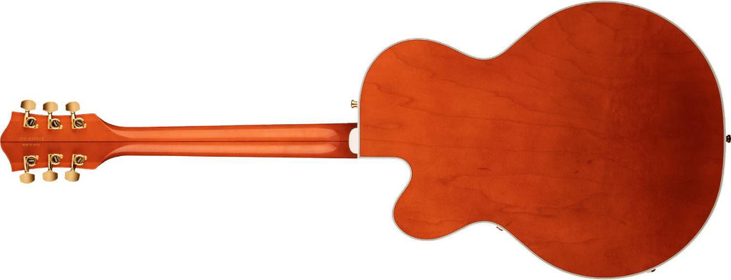 Gretsch G6120TG Nashville hollow body electric guitar with Bigsby, gold hardware, orange stain finish, and f-holes.