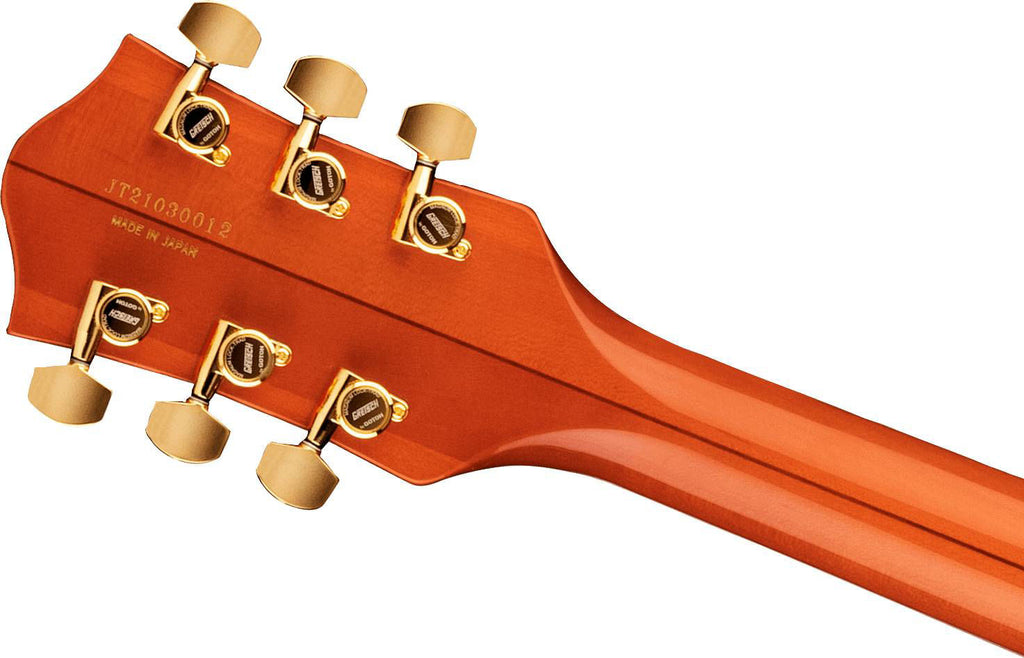 Gretsch G6120TG Nashville hollow body electric guitar with Bigsby tremolo and gold hardware in orange stain finish