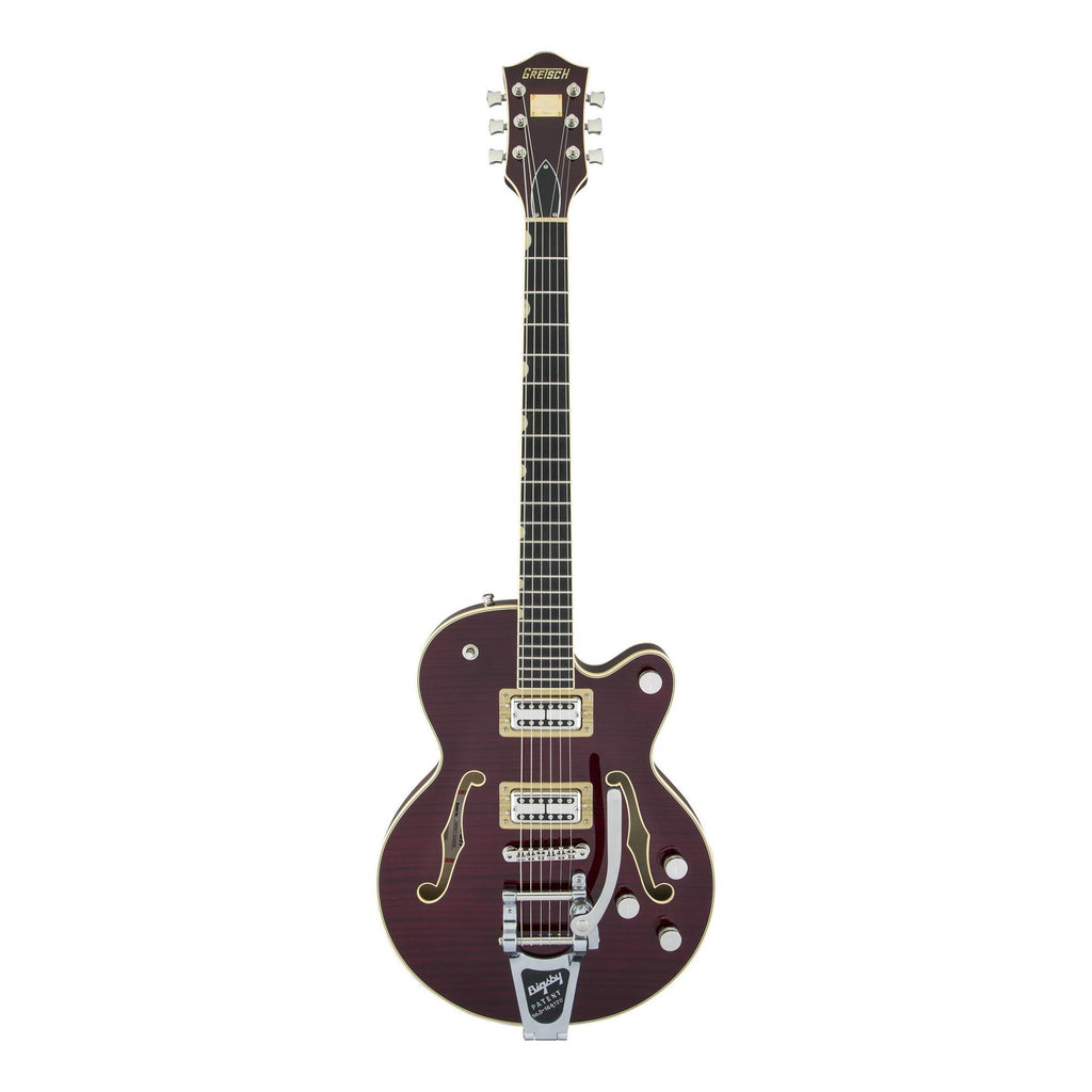 Gretsch G6659TFM Players Edition Broadkaster Jr electric guitar in dark cherry stain with center block design and chrome hardware.