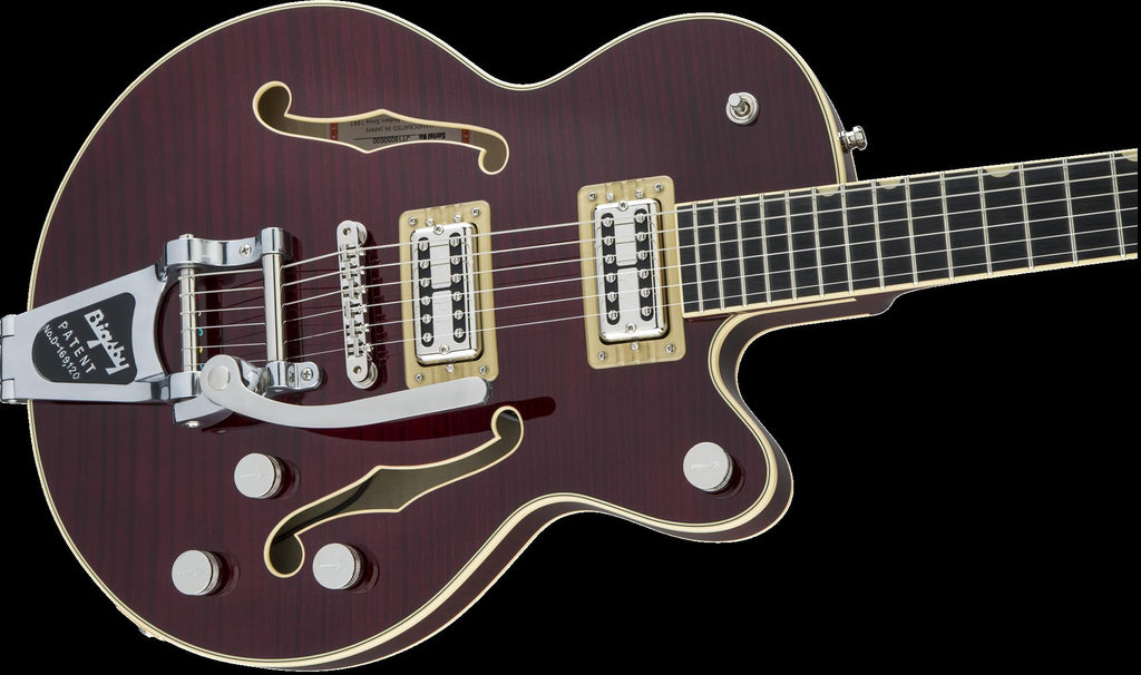Gretsch G6659TFM Players Edition Broadkaster Jr electric guitar in dark cherry stain with center block construction and vintage hardware.