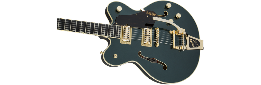 Gretsch G6609TG Players Edition Broadkaster Centre Block electric guitar in Cadillac Green with double-cut body and chrome hardware.