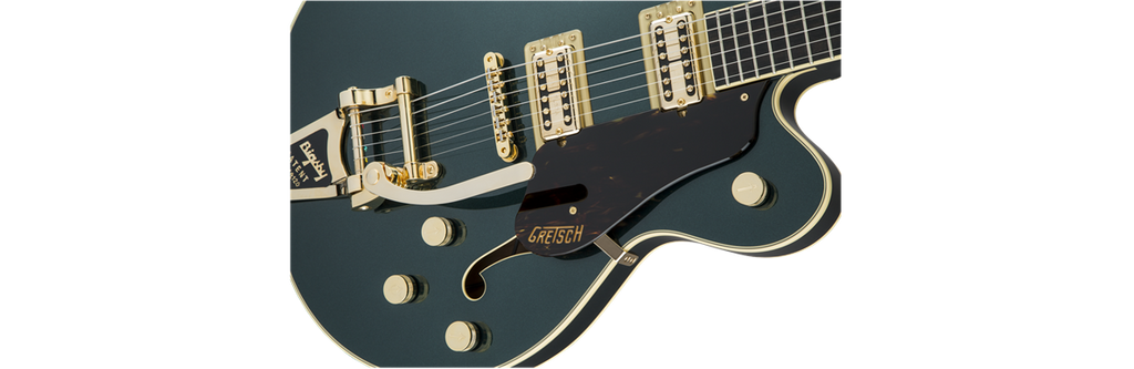 Gretsch G6609TG Players Edition Broadkaster Center Block Electric Guitar in Cadillac Green with double-cut shape and gold hardware