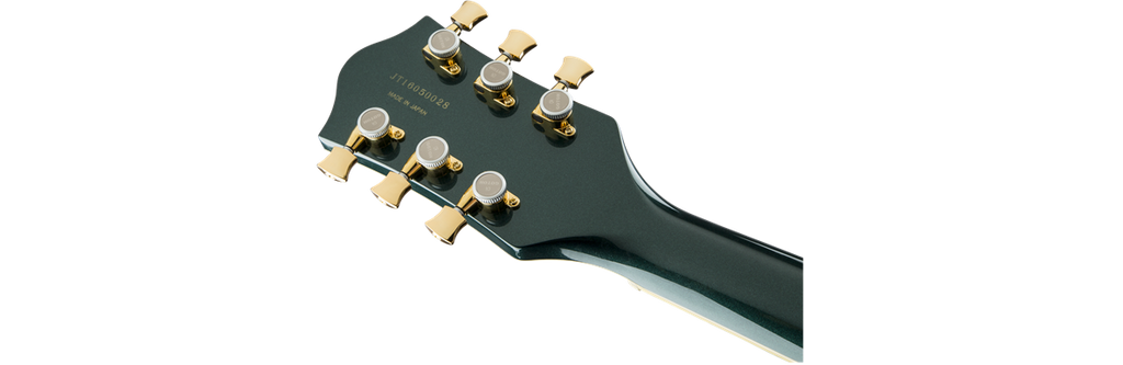 Gretsch G6609TG Players Edition Broadkaster Centre Block electric guitar in Cadillac Green with double-cut design and chrome hardware.