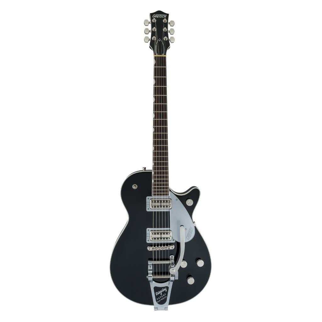 Gretsch G6128T Players Edition Jet FT Bigsby electric guitar in black with chrome hardware and a Bigsby vibrato tailpiece.