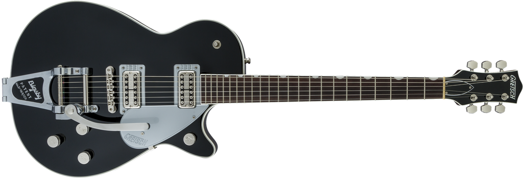 Black Gretsch G6128T Players Edition Jet FT Bigsby electric guitar with chrome hardware and Bigsby vibrato tailpiece.