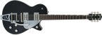 Black Gretsch G6128T Players Edition Jet FT Bigsby electric guitar with chrome hardware and Bigsby vibrato tailpiece.