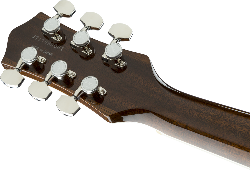 Black Gretsch G6128T Players Edition Jet FT Bigsby electric guitar with chrome hardware and white pickguard, shown from the front.