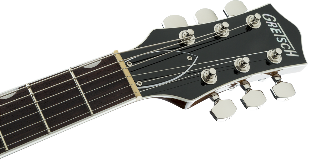 Black Gretsch G6128T Players Edition Jet FT Bigsby electric guitar with chrome hardware and dual humbucking pickups.