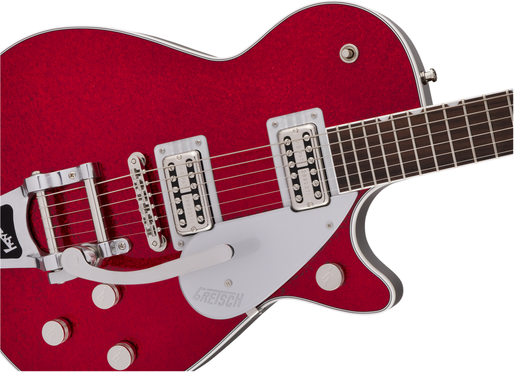 Gretsch G6129T Players Edition Jet FT electric guitar with red sparkle finish and rosewood fretboard, showcasing its sleek design.