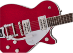 Gretsch G6129T Players Edition Jet FT electric guitar with red sparkle finish and rosewood fretboard, showcasing its sleek design.