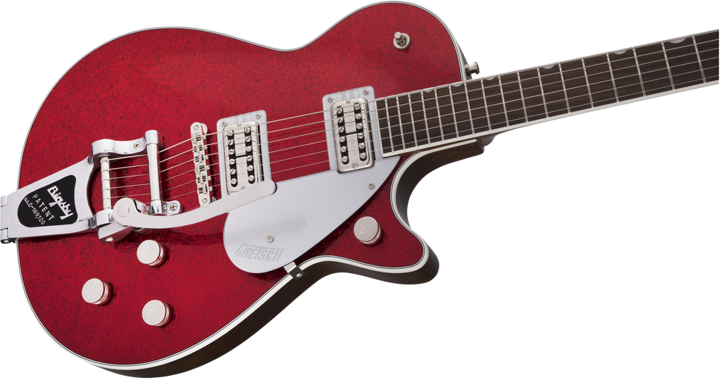 Gretsch G6129T Players Edition Jet FT electric guitar with red sparkle finish and rosewood fretboard, showcasing its body and hardware.