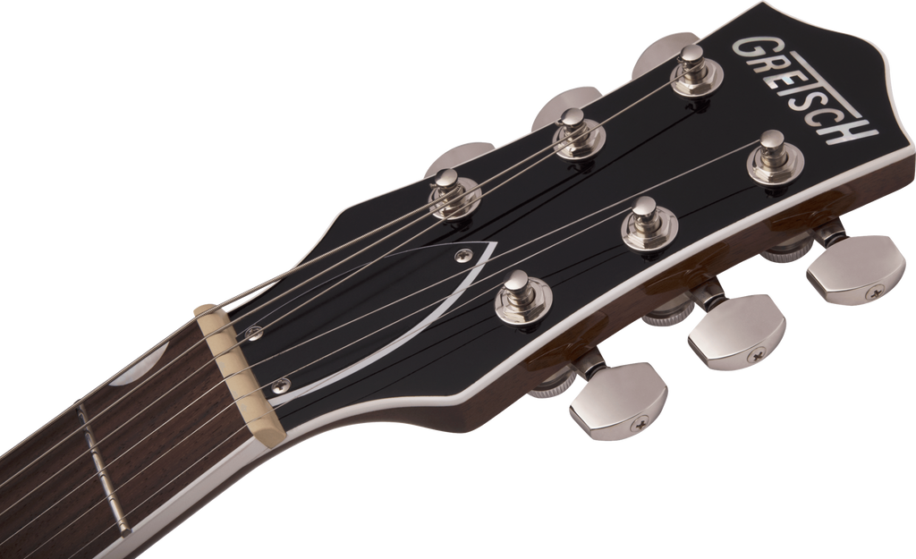 Gretsch G6129T Players Edition Jet FT electric guitar with red sparkle finish and rosewood fretboard, showcasing its sleek body and hardware.