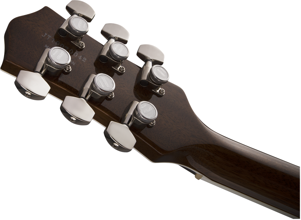 Gretsch G6129T Players Edition Jet FT electric guitar with red sparkle finish and rosewood fretboard, close-up of body and neck.