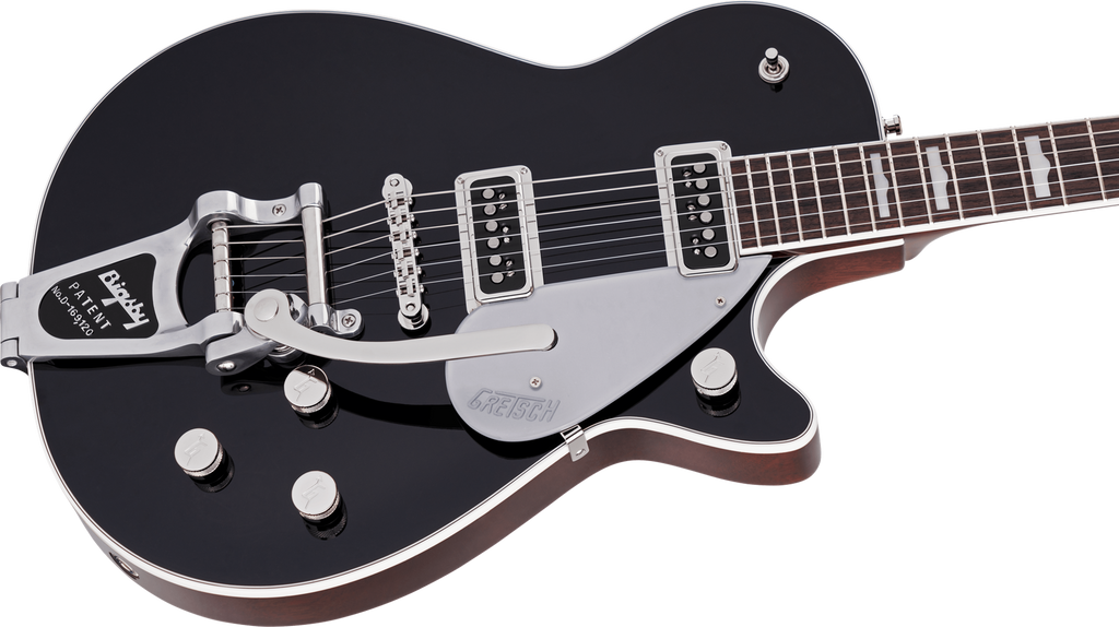 Gretsch G6128T Players Edition Jet DS electric guitar in black with Bigsby tremolo and rosewood fingerboard, front view.