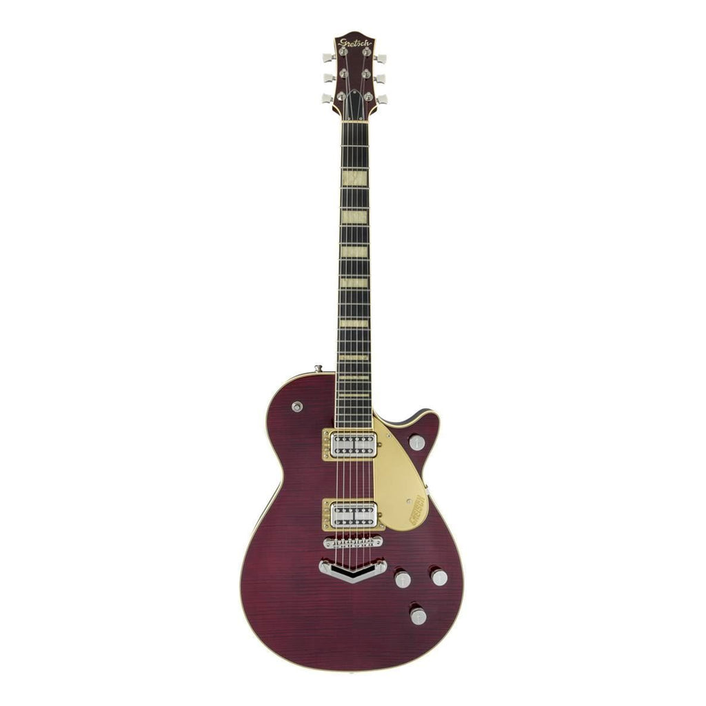 Gretsch G6228FM-PE Duo Jet electric guitar with dark cherry stain finish, flame top, and V-stoptail bridge.