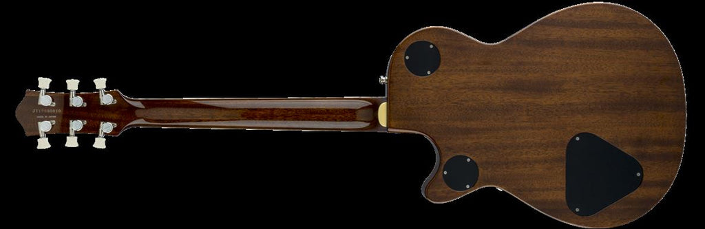 Gretsch G6228FM-PE Duo Jet electric guitar with dark cherry stain finish, flame maple top, and V-stoptail bridge.