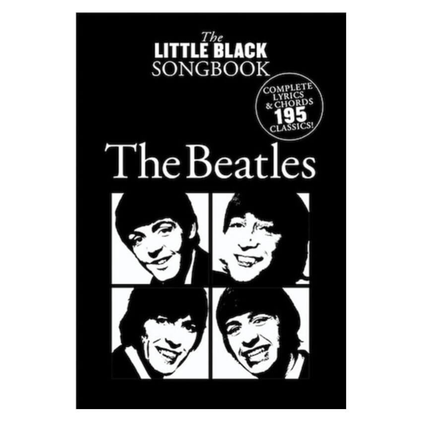 Open guitar songbook titled "The Little Black Songbook of The Beatles Songs" from Books, featuring Beatles lyrics and chords.