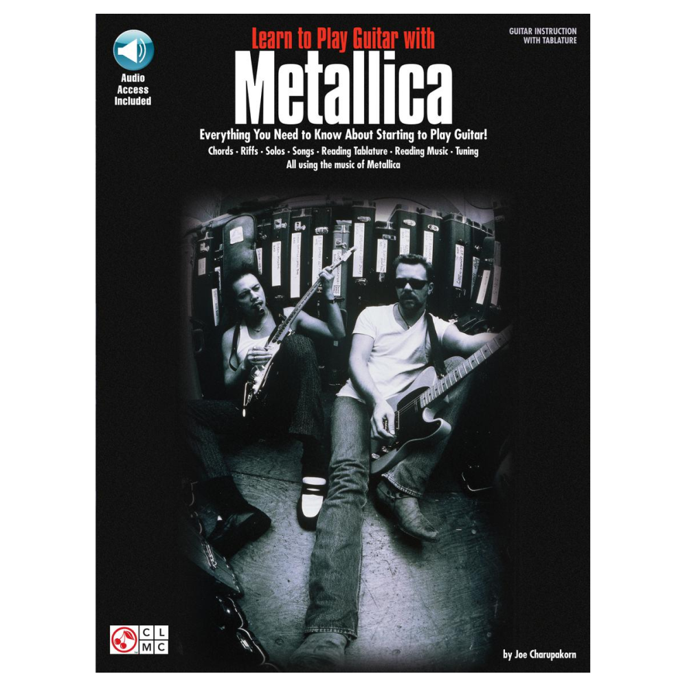 Hal Leonard Learn to Play Guitar with Metallica book, featuring guitar tabs and lessons for aspiring guitarists.