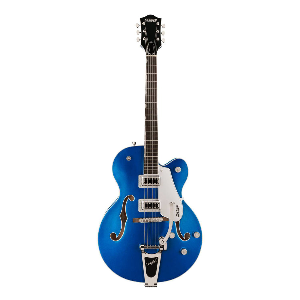 Gretsch G5420T Electromatic hollow body electric guitar in Azure Metallic with Bigsby vibrato system and classic single cut design.