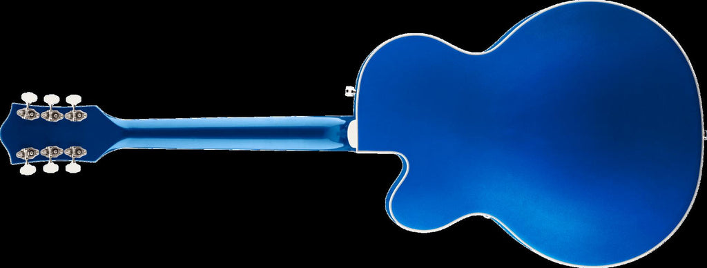 Gretsch G5420T Electromatic hollow body electric guitar in Azure Metallic with Bigsby tremolo system and single cut design.