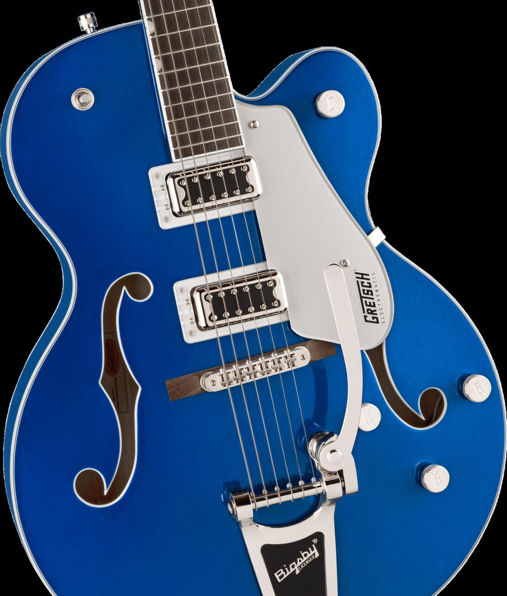 Gretsch G5420T Electromatic hollow body electric guitar in Azure Metallic with Bigsby vibrato, showcasing its single cut design and chrome hardware.