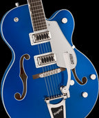 Gretsch G5420T Electromatic hollow body electric guitar in Azure Metallic with Bigsby vibrato, showcasing its single cut design and chrome hardware.