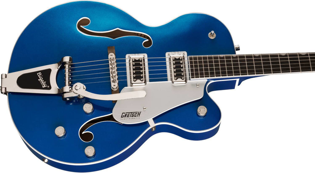 Gretsch G5420T Electromatic hollow body electric guitar in Azure Metallic with Bigsby vibrato and classic single-cut design.