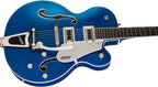 Gretsch G5420T Electromatic hollow body electric guitar in Azure Metallic with Bigsby vibrato and classic single-cut design.