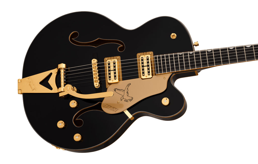 Gretsch Synchromatic Falcon hollow body electric guitar in black with ebony fingerboard and Bigsby tremolo.