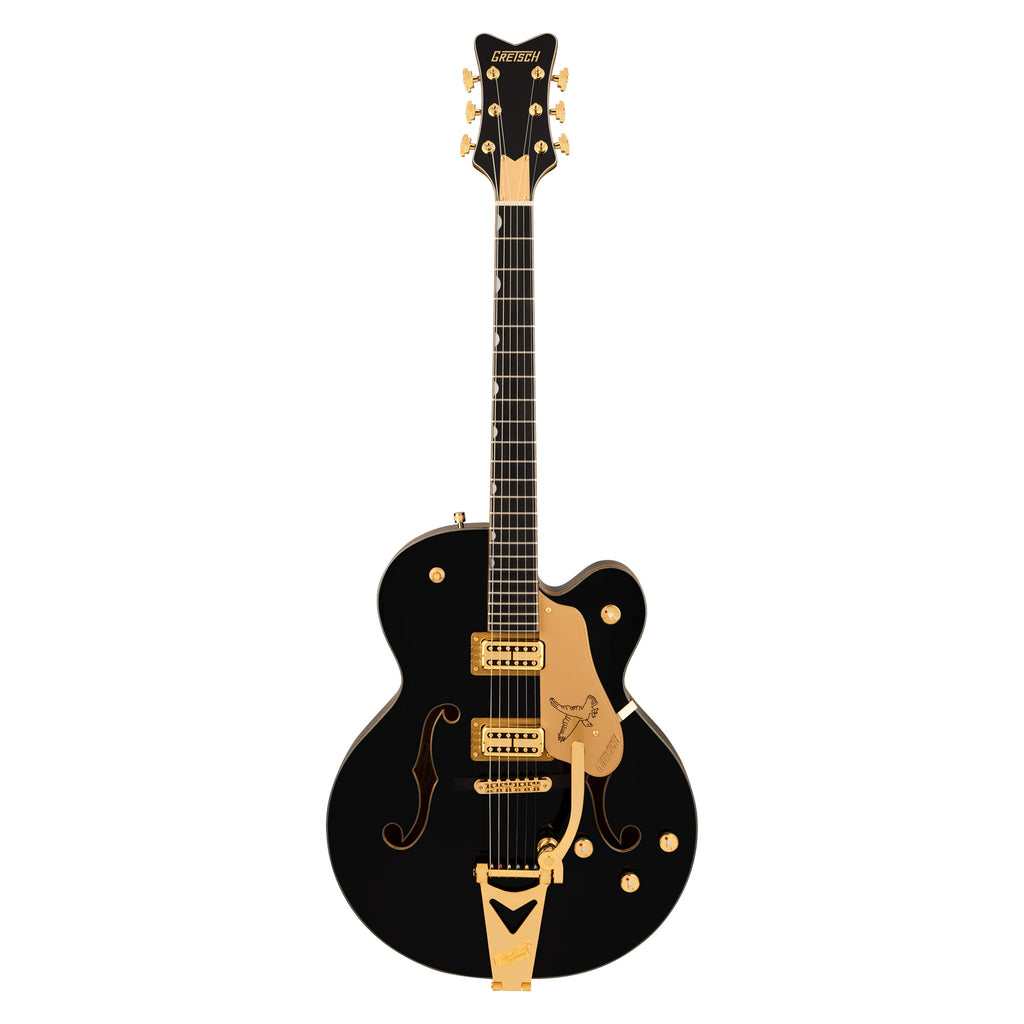 Gretsch Synchromatic Falcon hollow body electric guitar with black finish, ebony fingerboard, and Bigsby tremolo arm.