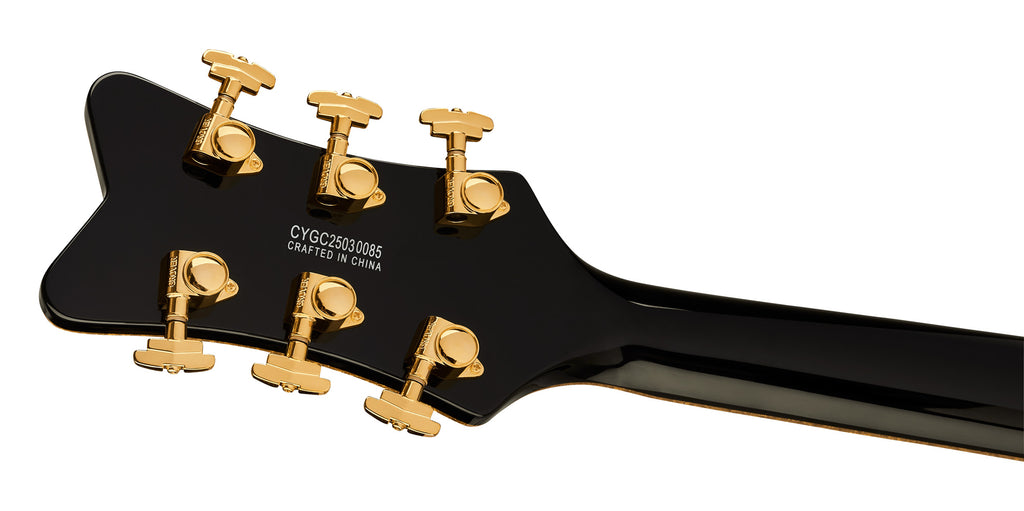 Gretsch Synchromatic Falcon hollow body electric guitar with Bigsby and ebony fingerboard in black, displayed from front angle.