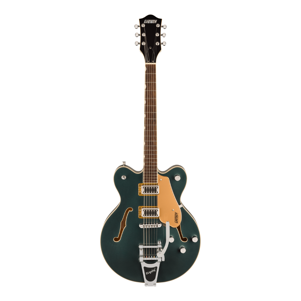 Gretsch G5622T Electromatic Cadillac Green electric guitar with Bigsby tremolo and double cutaway body, featuring chrome hardware and pickups.