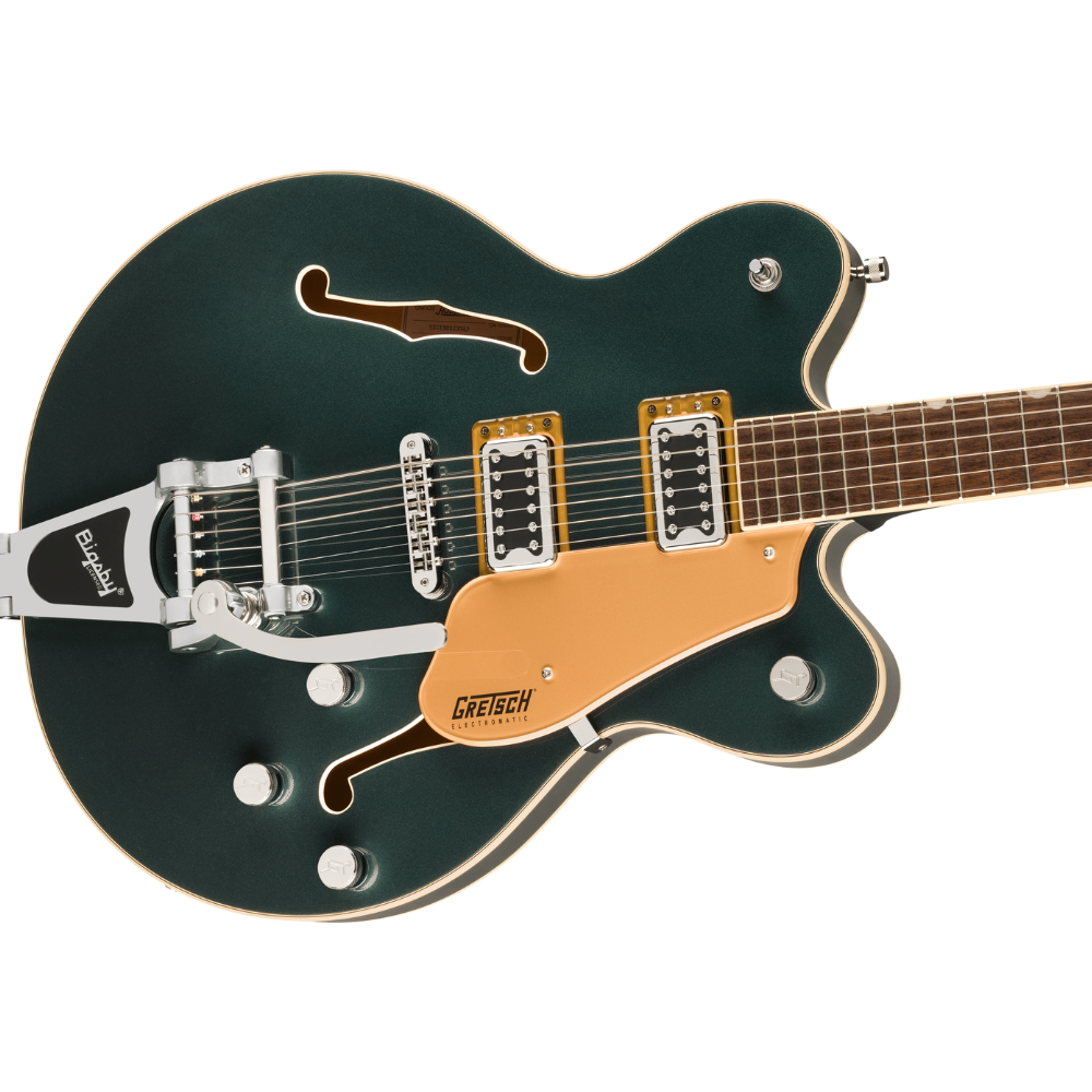 Gretsch G5622T Electromatic double cut electric guitar with Bigsby in Cadillac Green, featuring a solid body and chrome hardware.