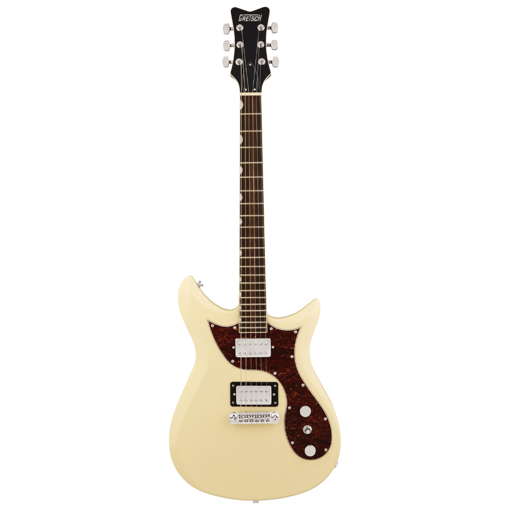Gretsch Electromatic CVT Double-Cut electric guitar with vintage white finish, wraparound Laurel fingerboard, and double-cut body style.