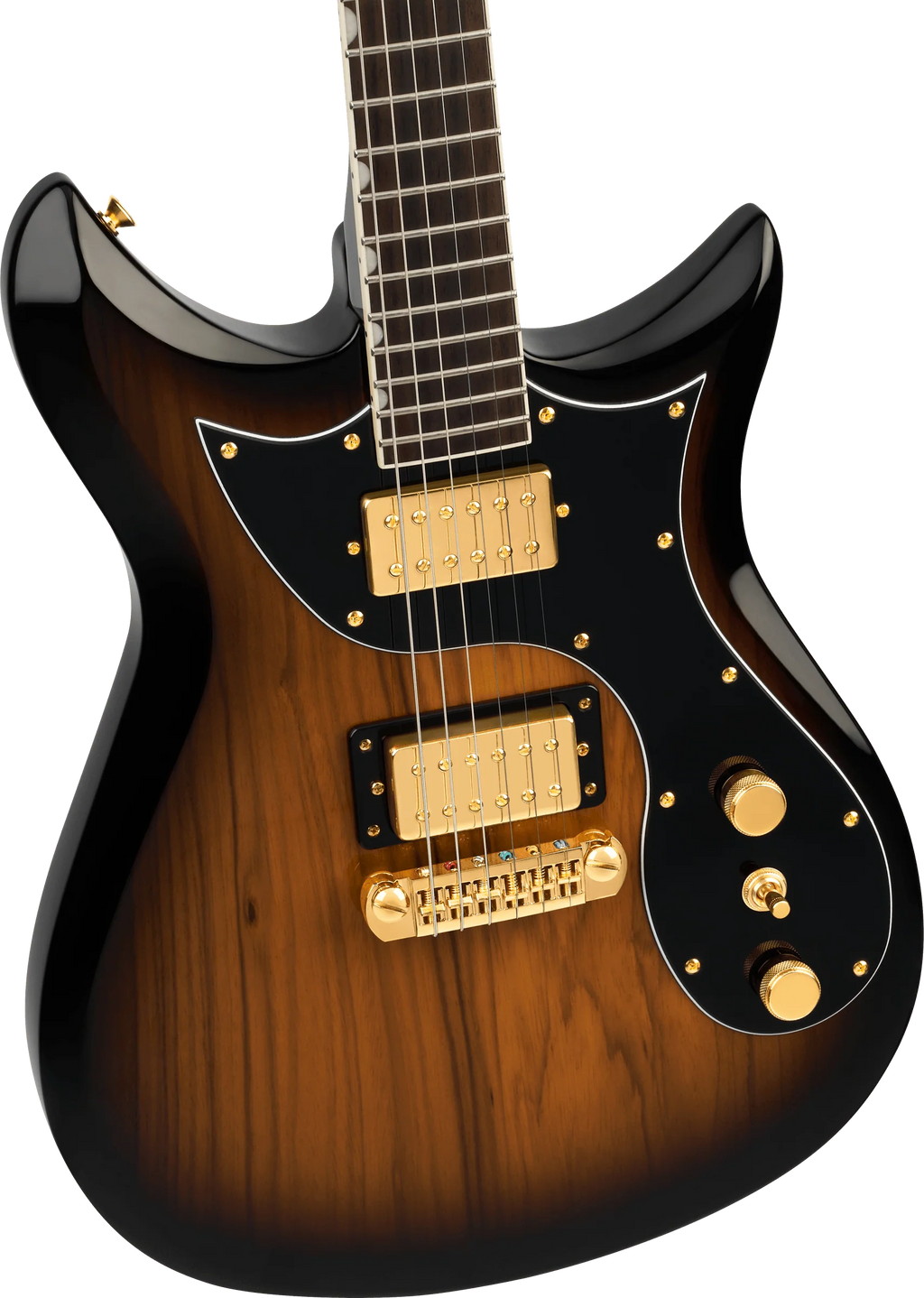 Gretsch Ltd Ed Electromatic black Limba CVT electric guitar with sunburst finish, showcasing body and neck details.