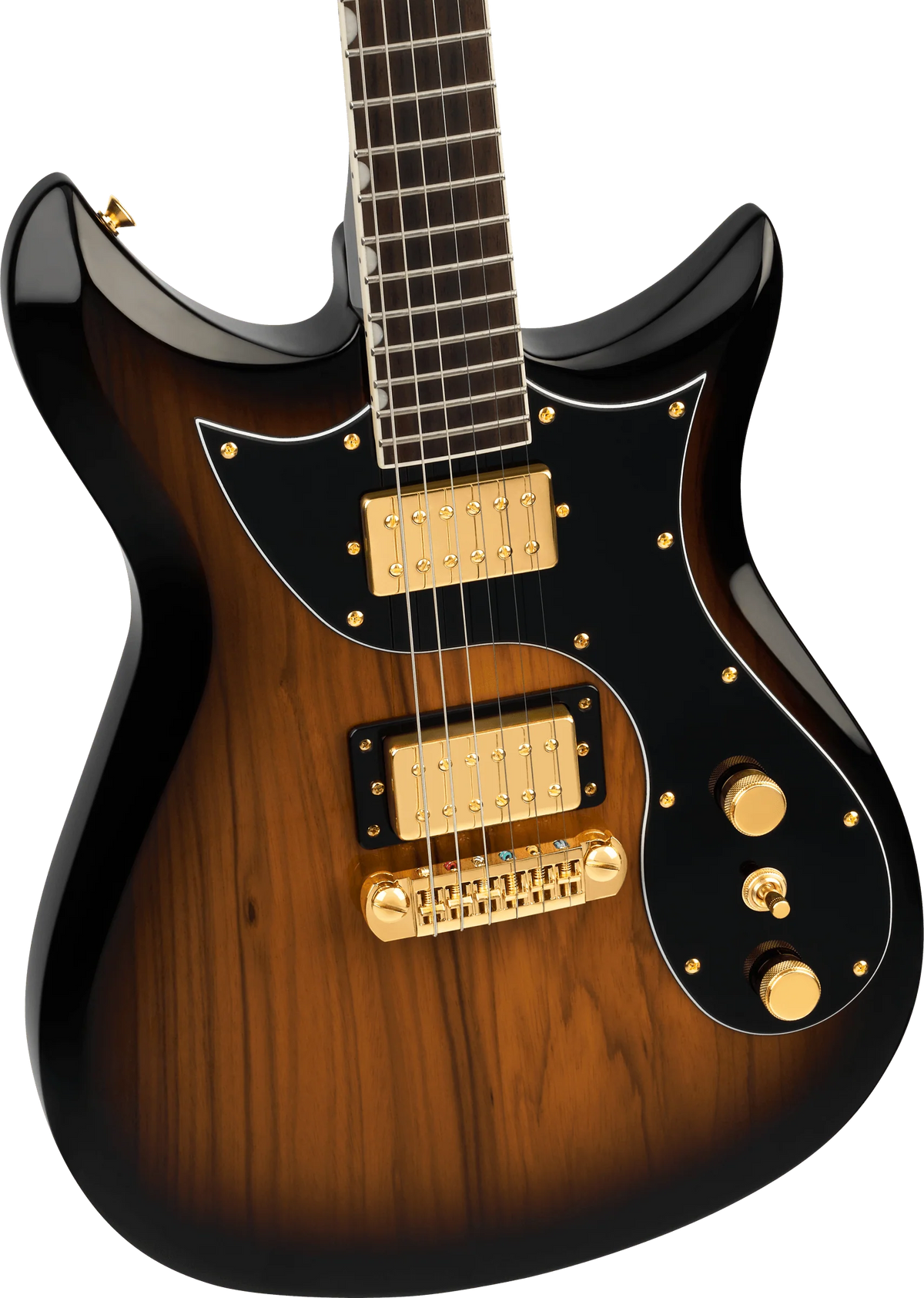 Gretsch Ltd Ed Electromatic black Limba CVT electric guitar with sunburst finish, showcasing body and neck details.