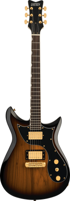 Gretsch Ltd Ed Electromatic Black Limba CVT RW FB Sunburst electric guitar with sunburst finish and dual humbucker pickups.