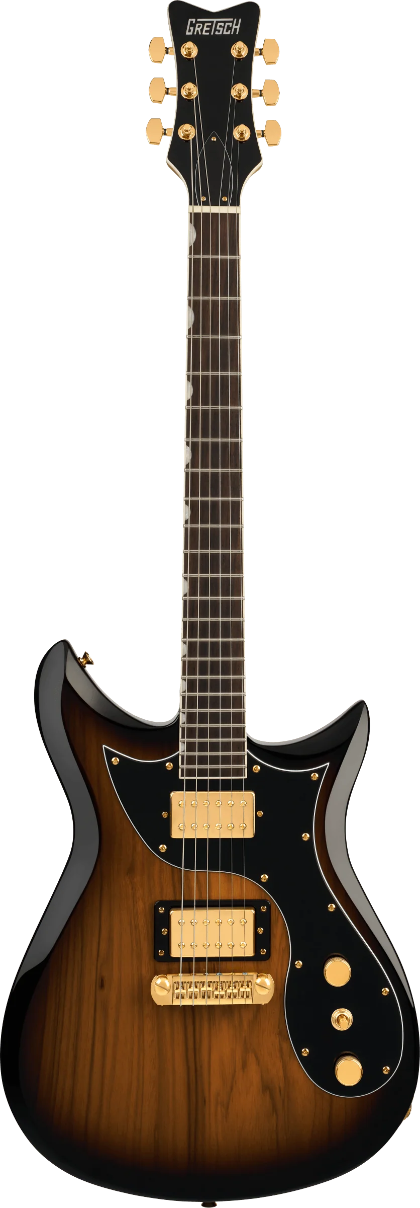 Gretsch Ltd Ed Electromatic Black Limba CVT RW FB Sunburst electric guitar with sunburst finish and dual humbucker pickups.