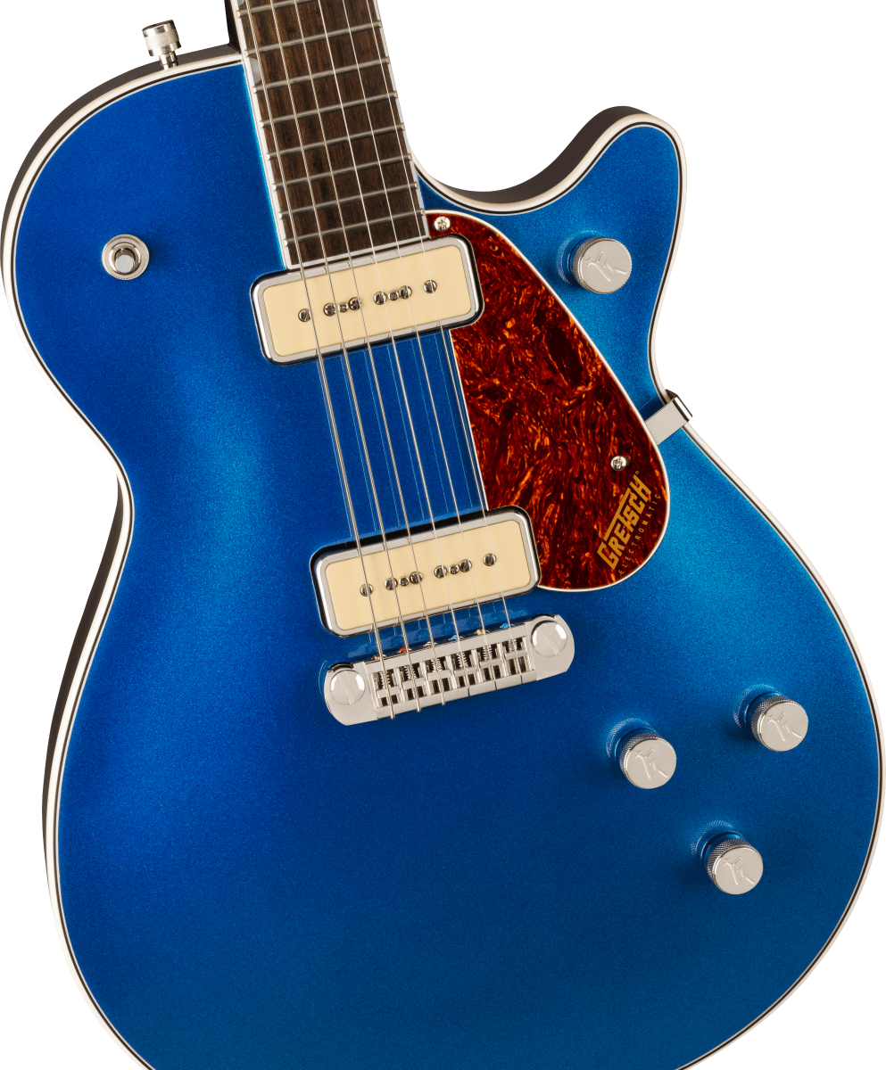 Gretsch G5210 P90 Electro Jet 2 electric guitar with Fairlane Blue finish, featuring a cut wraparound bridge and P90 pickups.