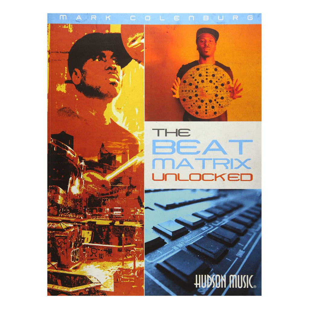 Open book titled "The Beat Matrix Unlocked" by Mark Colenburg, part of Hudson Music's drum books and DVDs collection.