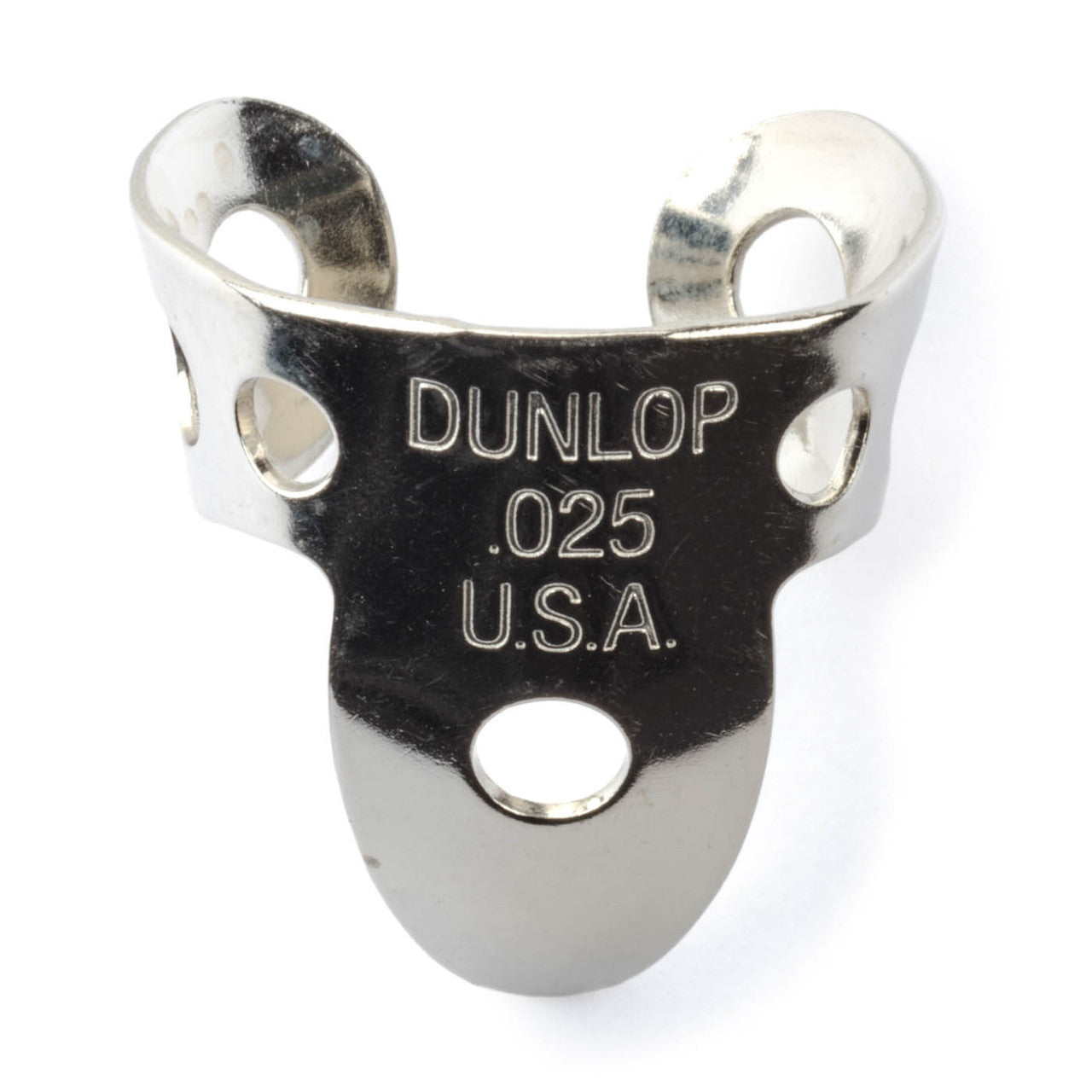 Dunlop Nickel Fingerpick 0.025 inch for guitar playing, shown on a finger, made of durable nickel material.