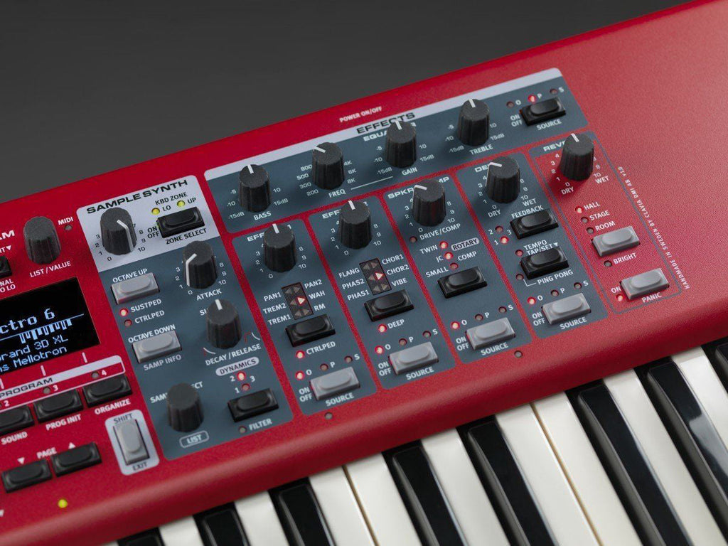 Nord Electro 6HP 73-note hammer action portable stage piano keyboard with control knobs and display screen.