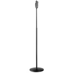K&M 26085 one-hand adjustable microphone stand with a black metal tripod base and adjustable height for versatile use.