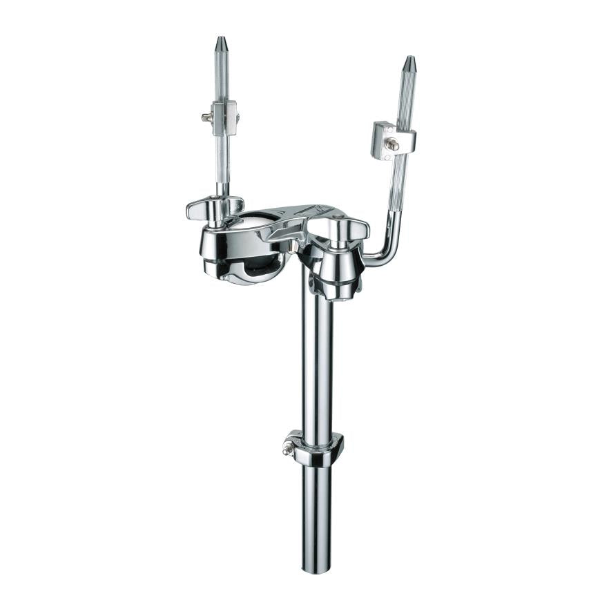 Tama MTH600 double tom holder for drum hardware, showing adjustable metal clamp and mounting arms for secure drum positioning.