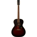Gretsch Jim Dandy Concert Walnut acoustic guitar with black pickguard and deep cherry burst finish, showcasing its wood grain and body shape.