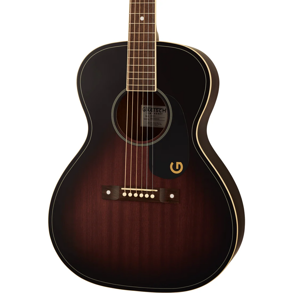Gretsch Jim Dandy Concert Walnut FB acoustic guitar with black pickguard and deep cherry burst finish, showcasing its body and hardware