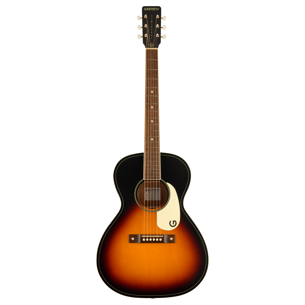 Gretsch Jim Dandy Concert acoustic guitar with walnut fingerboard in Rex Burst finish, showcasing its vintage-style body and detailing.