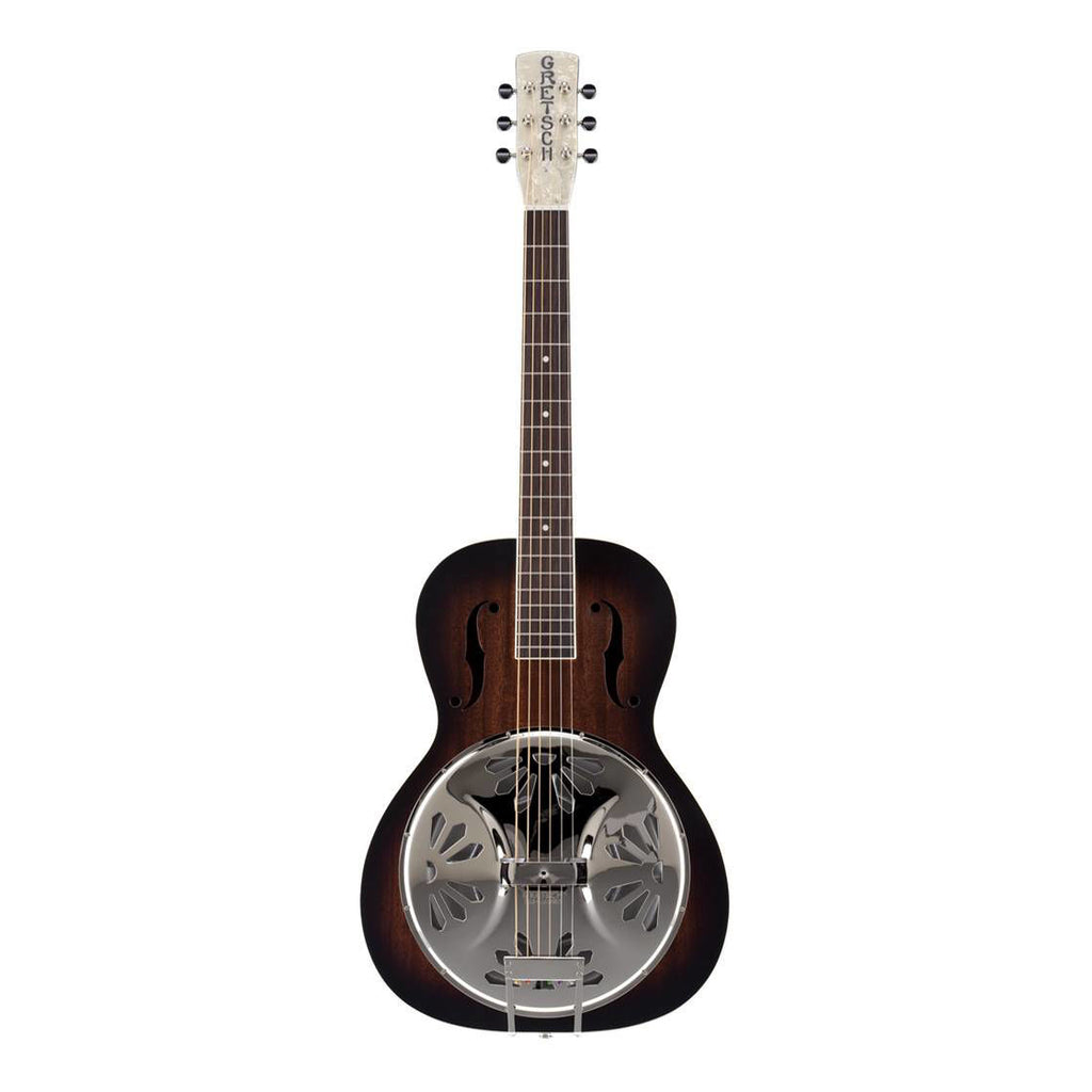 Gretsch G9220 Bobtail round neck resonator guitar with sunburst finish, featuring a folk and bluegrass style, natural wood, and vintage hardware.