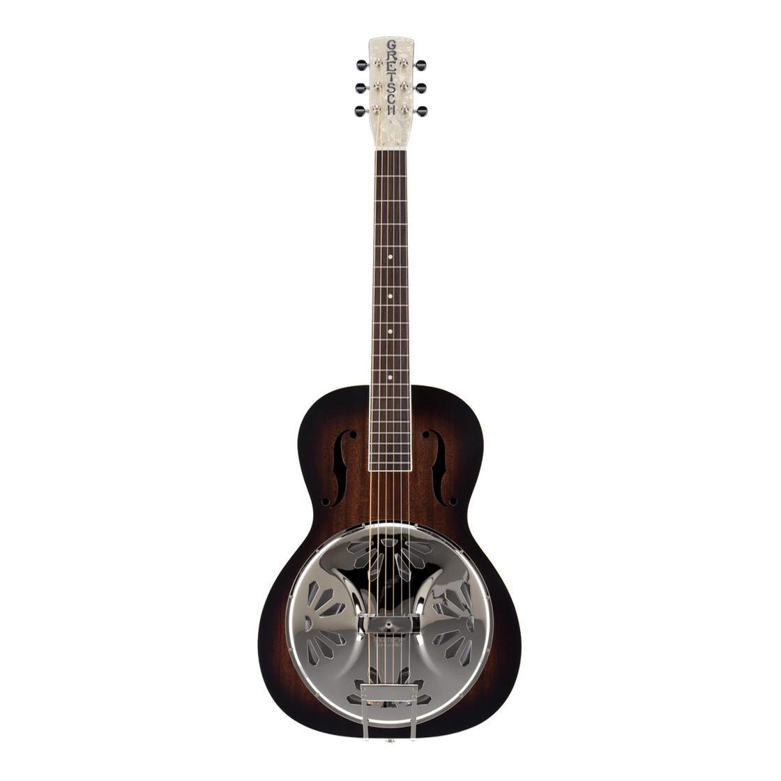 Gretsch G9220 Bobtail round neck resonator guitar with sunburst finish, featuring a folk and bluegrass style, natural wood, and vintage hardware.