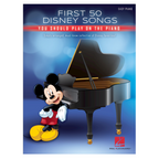 Open piano book titled "First 50 Disney Songs You Should Play on the Piano" by Hal Leonard, showing colorful sheet music pages.